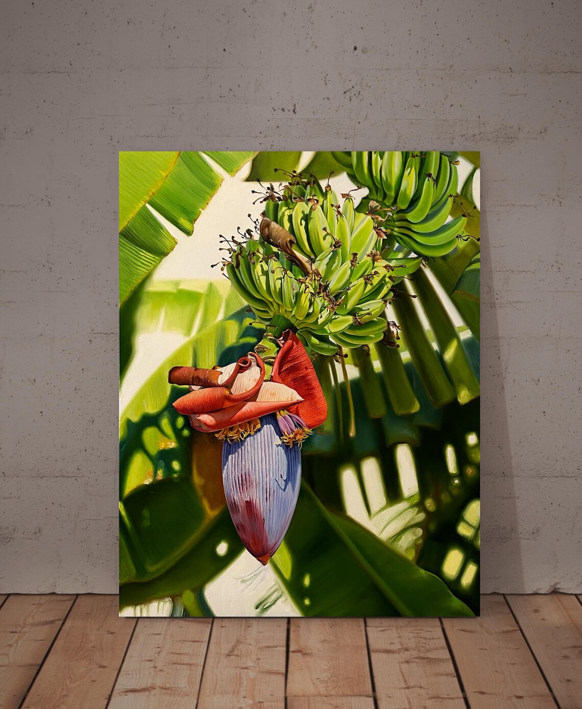 Banana Blossom Red Heart Green Bananas Tropical Realistic Oil Wall Art