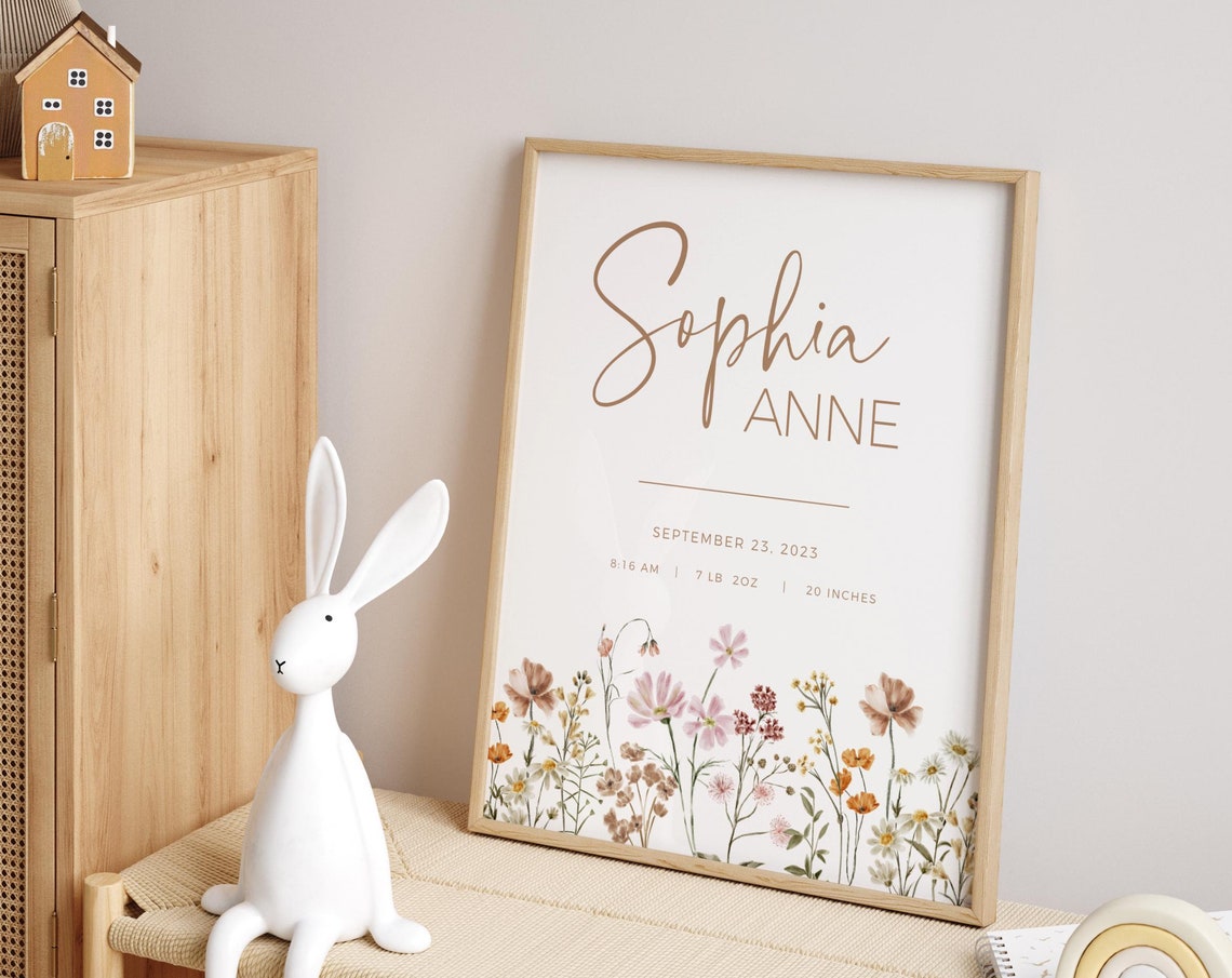 Personalized Baby Name Birth Stats Wildflower Nursery Wall Print