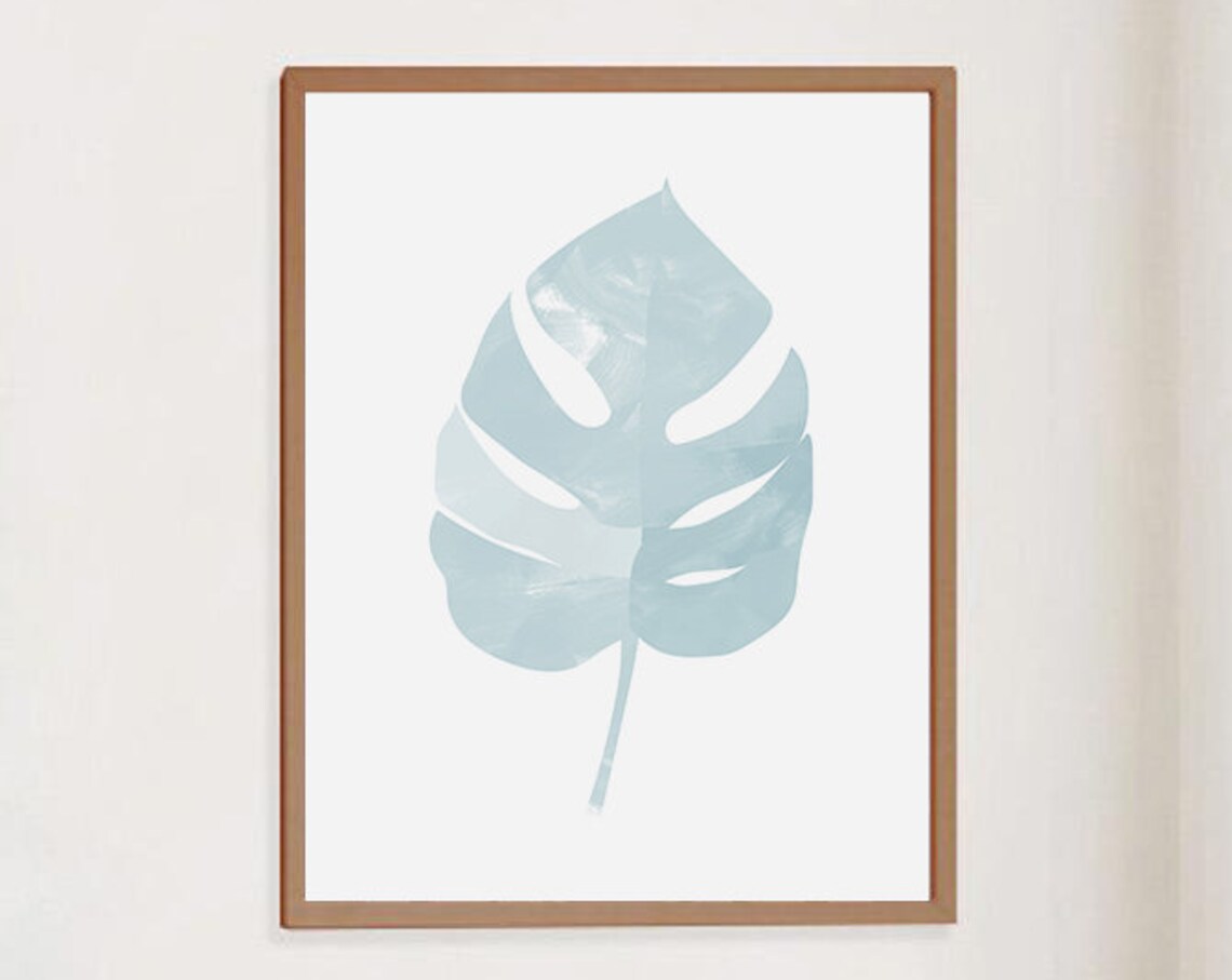 Dusty Blue Monstera Leaf Watercolor Minimalist Botanical Art Poster - Image 3
