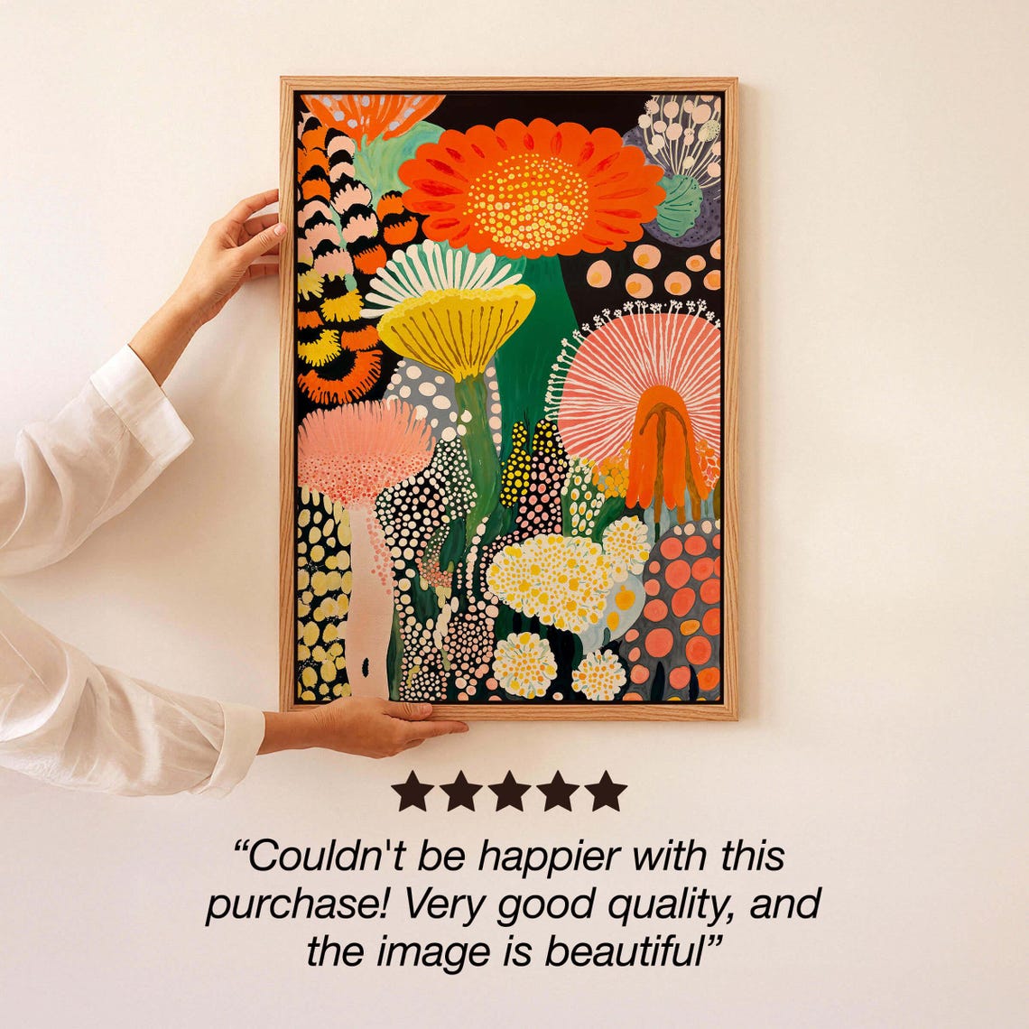 Kusama Inspired Large Dotted Abstract Flowers on Black Poster - Image 3