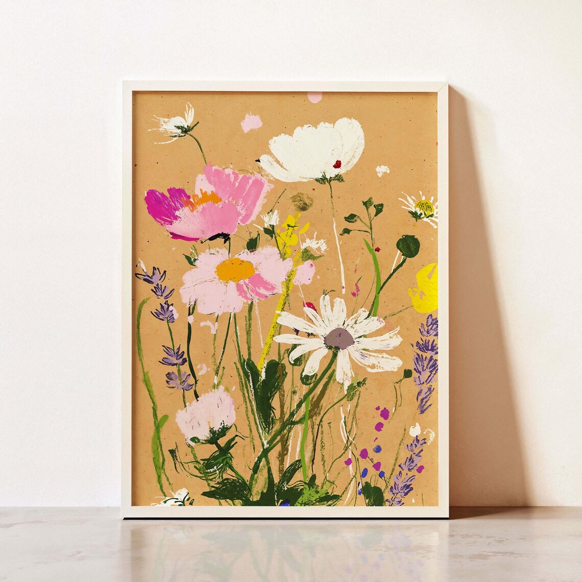 Pink Cosmos Lavender Pastel Wildflower Bouquet Floral Kraft Wall Art