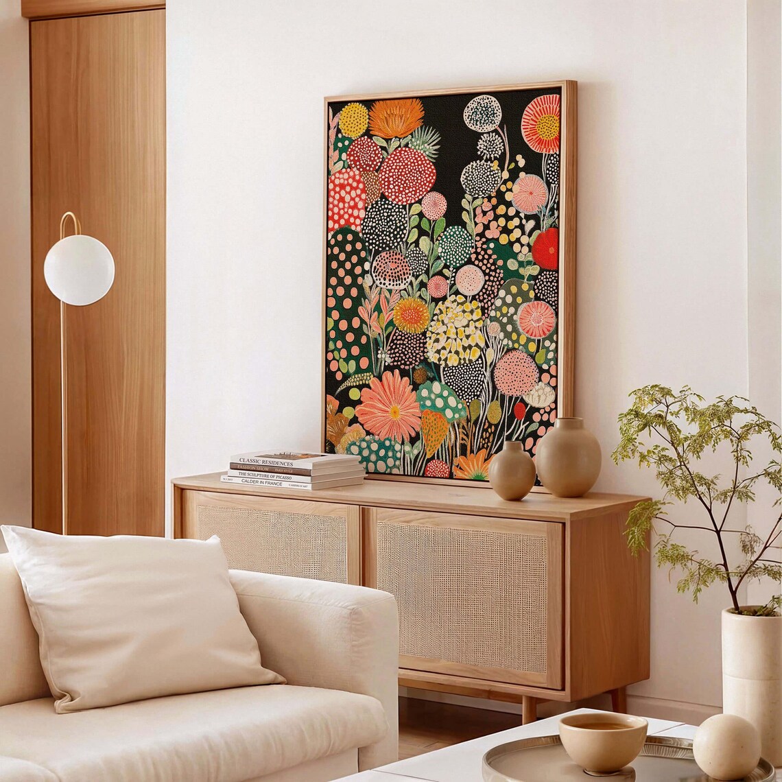 Vibrant Night Garden Dotted Floral Abstract Poster on Deep Black - Image 3