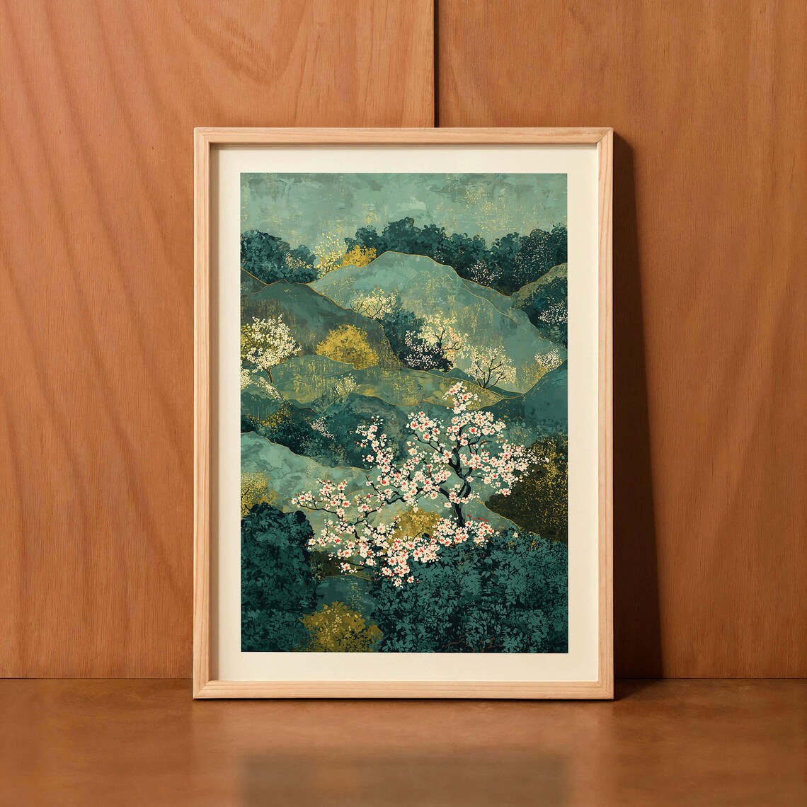 Japandi Landscape Poster, Cherry Blossom Mountain