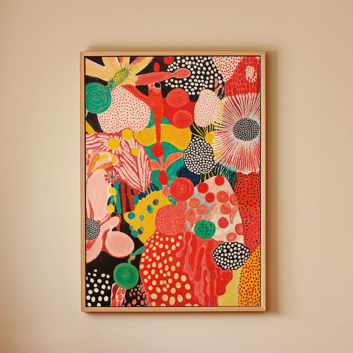 Sunflower and Poppy Dotted Floral Abstract Poster in Black Frame