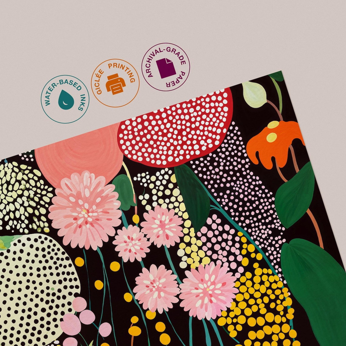 Yayoi Kusama Inspired Pink Chrysanthemum Dark Night Garden Poster - Image 3