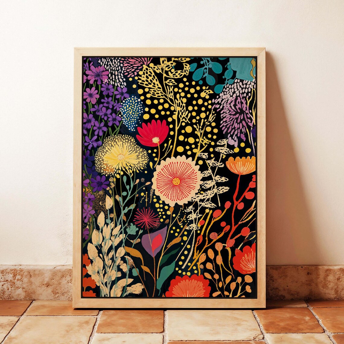 Modern Botanical Illustration of Wildflowers on Black Wall Art