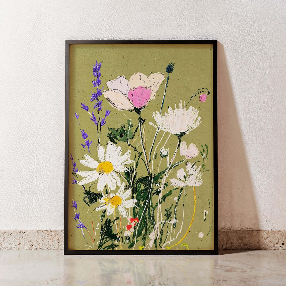 Sage Green Wildflower Meadow Daisy Lavender Pastel Botanical Wall Art