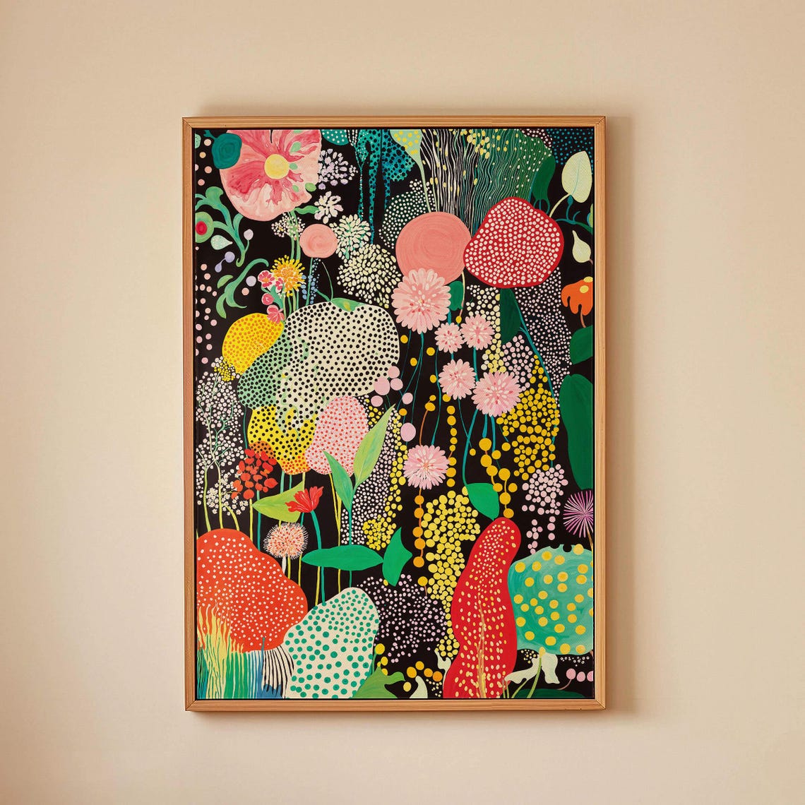 Lush Dotted Flower Garden Abstract Botanical Poster on Black