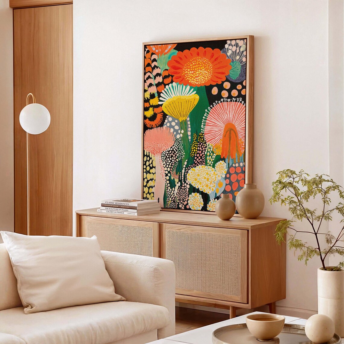 Kusama Inspired Large Dotted Abstract Flowers on Black Poster - Image 2