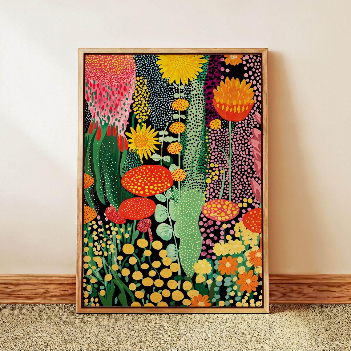 Kusama Inspired Dotted Red and Yellow Flower Garden on Black Poster