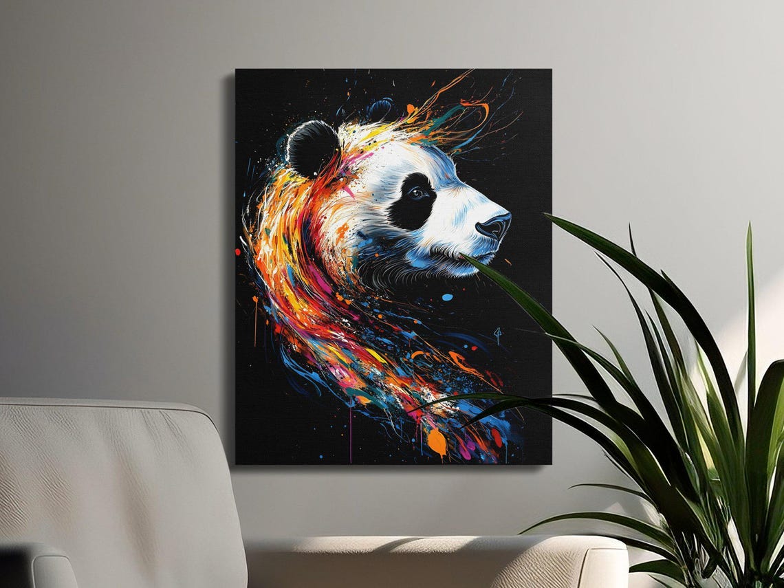 Panda Profile Rainbow Swirl Splash Painting Black Canvas Poster - Image 2