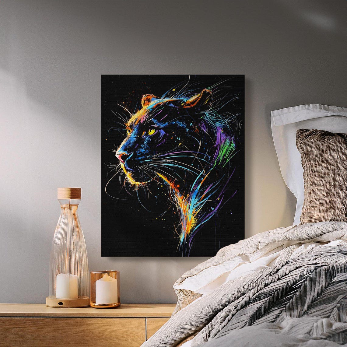 Black Panther Neon Splash Portrait Black Canvas Wildlife Poster - Image 2