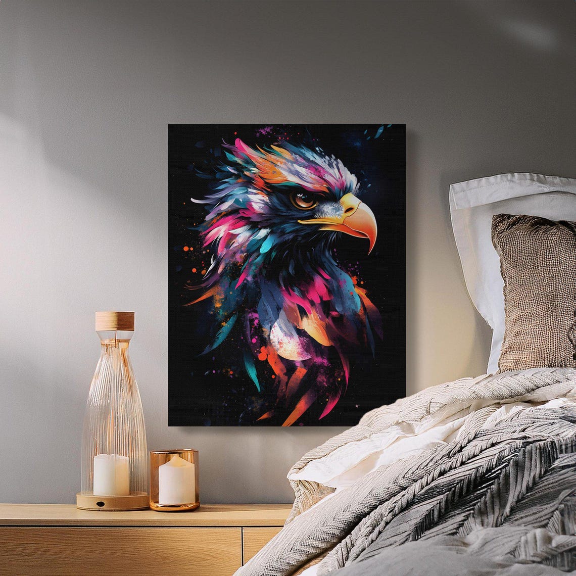 Majestic Eagle Portrait Pink and Teal Splash Black Canvas Poster - Image 2