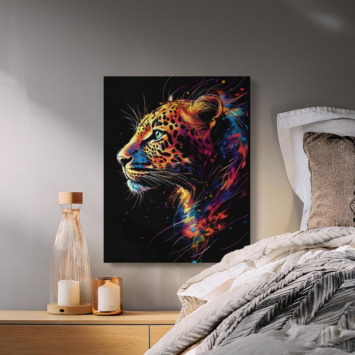 Teal Eyed Leopard Profile Splash Art Black Canvas Wildlife Poster - Image 2