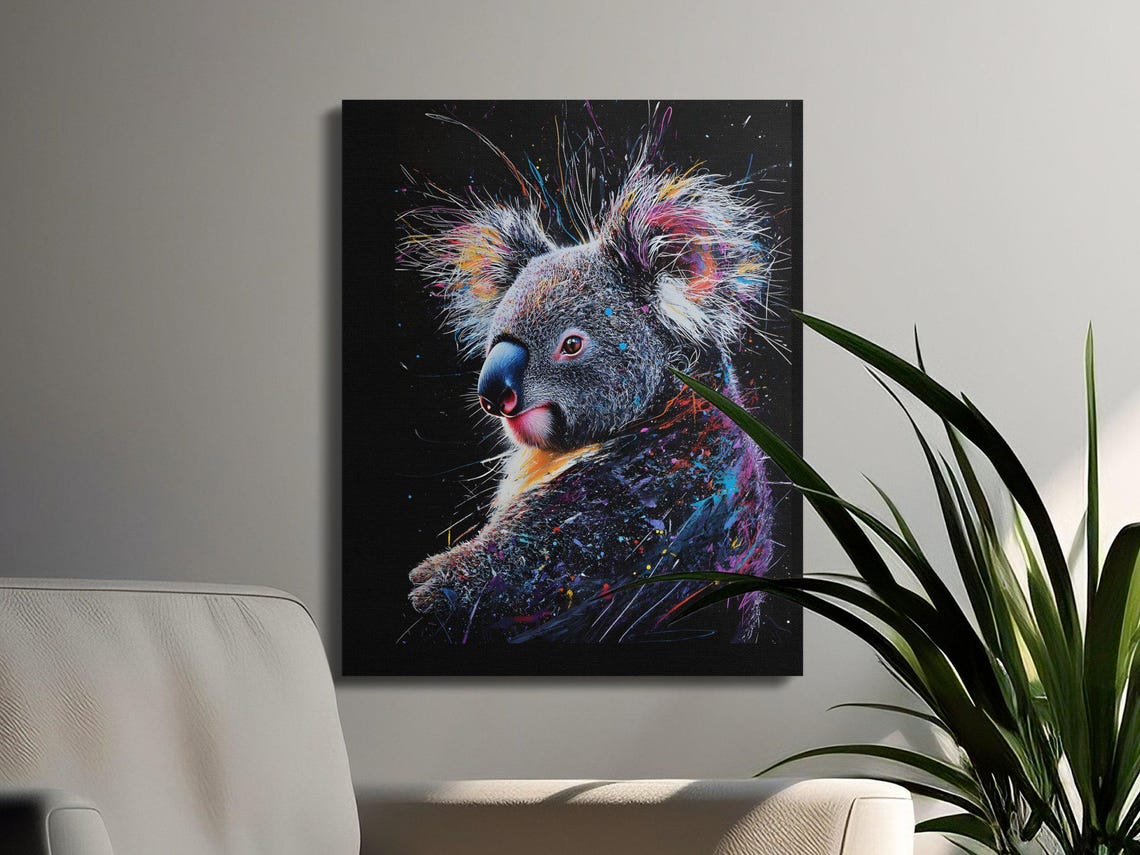 Playful Koala Side Profile Splash Art Black Canvas Animal Wall Art - Image 3