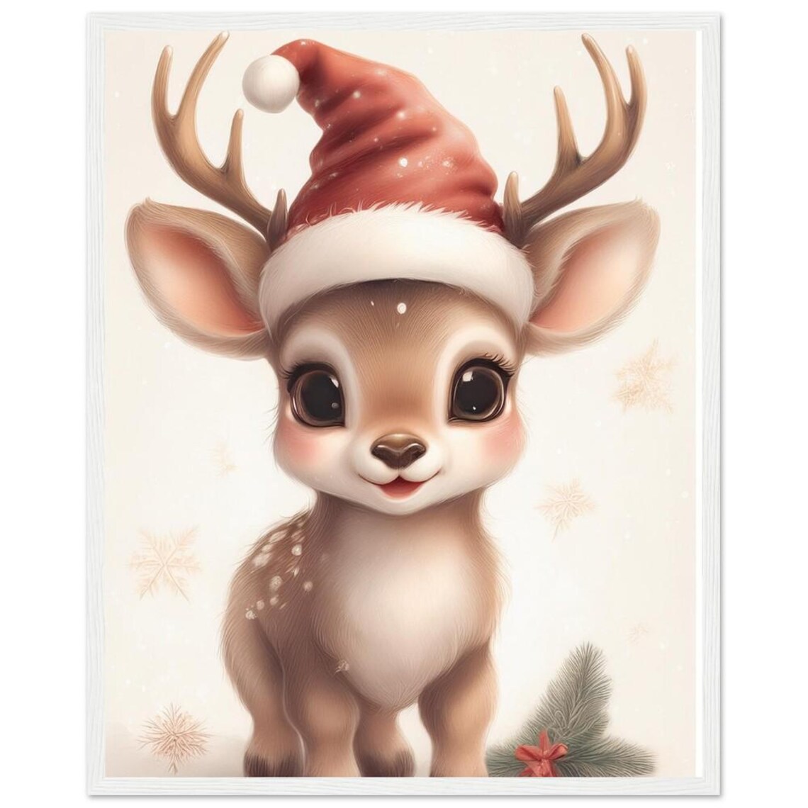 Christmas Baby Reindeer in Red Santa Hat Cute Holiday Poster