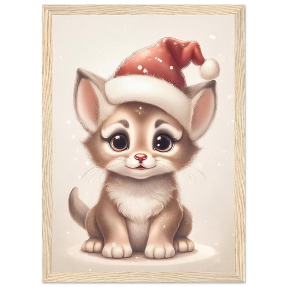 Christmas Baby Cat Poster With Frame Cute Christmas Cat Print Nursery Wall Art Holiday Decor Baby Animal Art