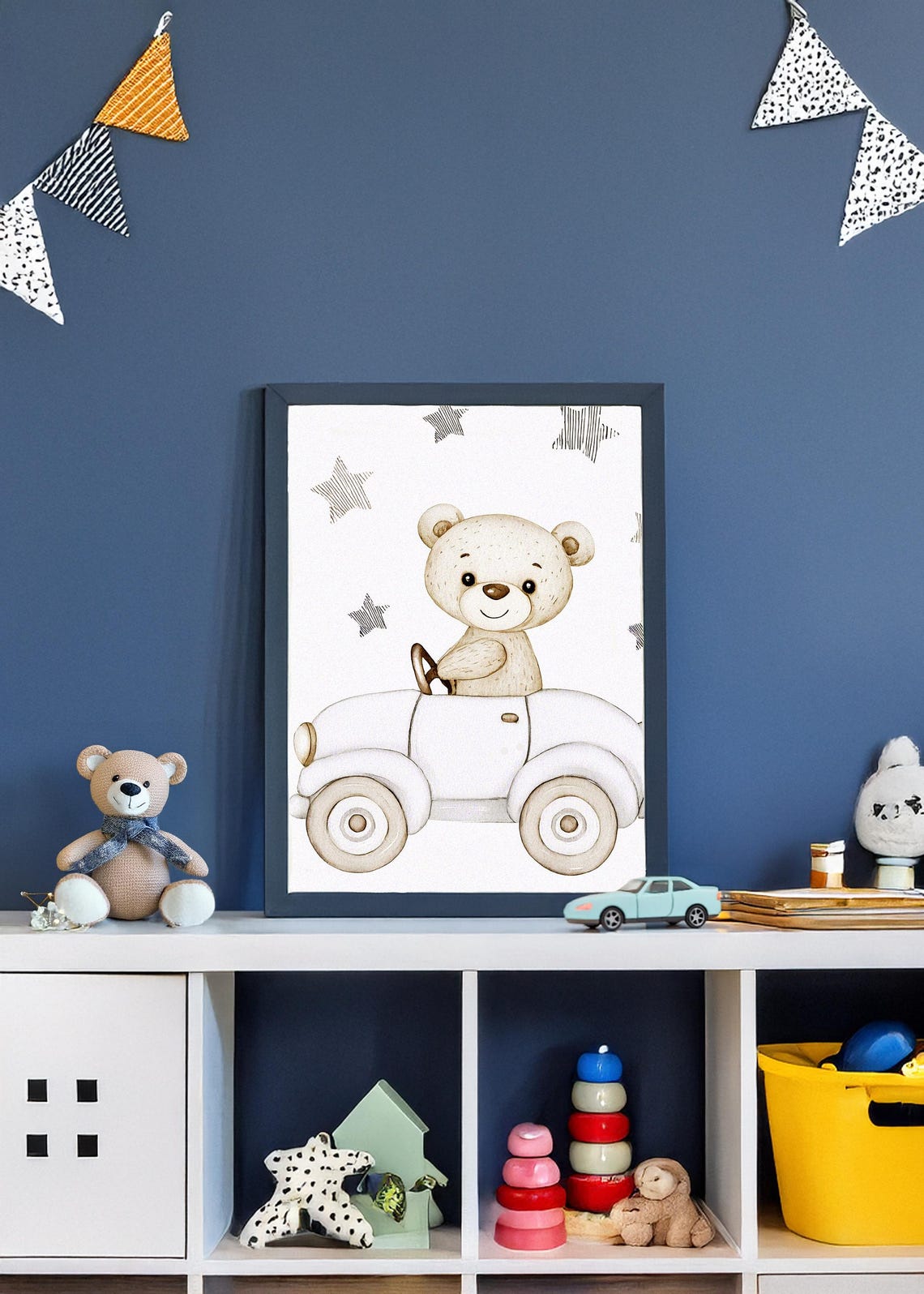 Teddy Bear Driving Vintage Car Stars Nursery Kids Room Poster