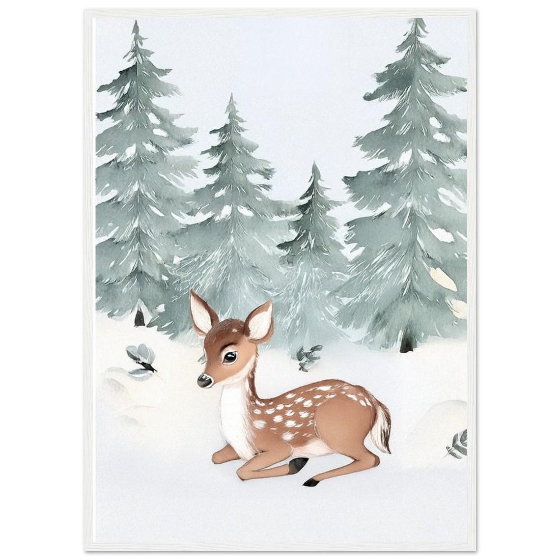 Winter Fawn Resting in Snowy Pine Forest Watercolor Nursery Poster - Image 3