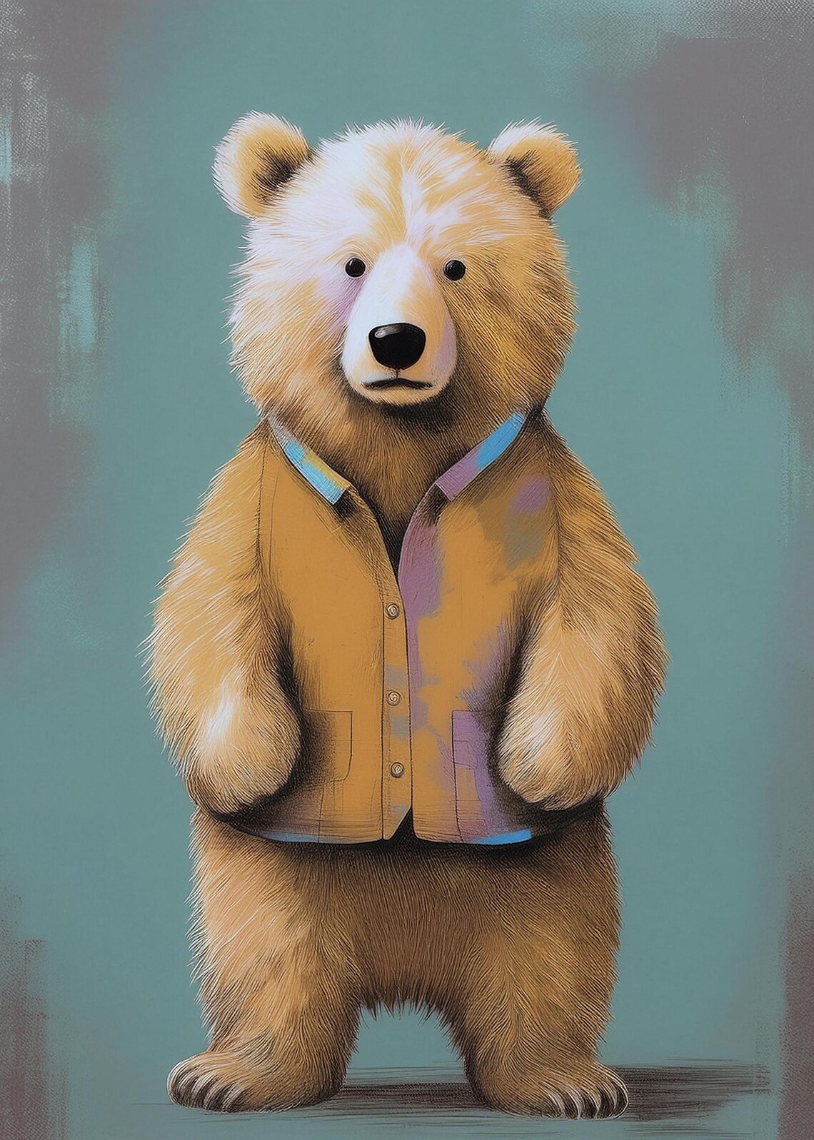 Cute Bear in Mustard Vest Kids Room Animal Portrait Art Poster - Image 2