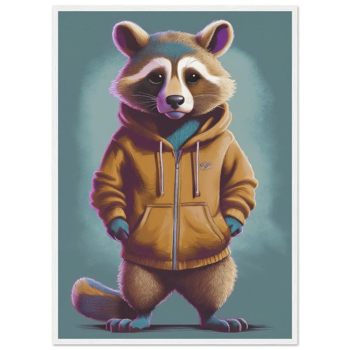 Cool Raccoon in Mustard Zip Hoodie Funny Illustrated Animal Poster - Image 3