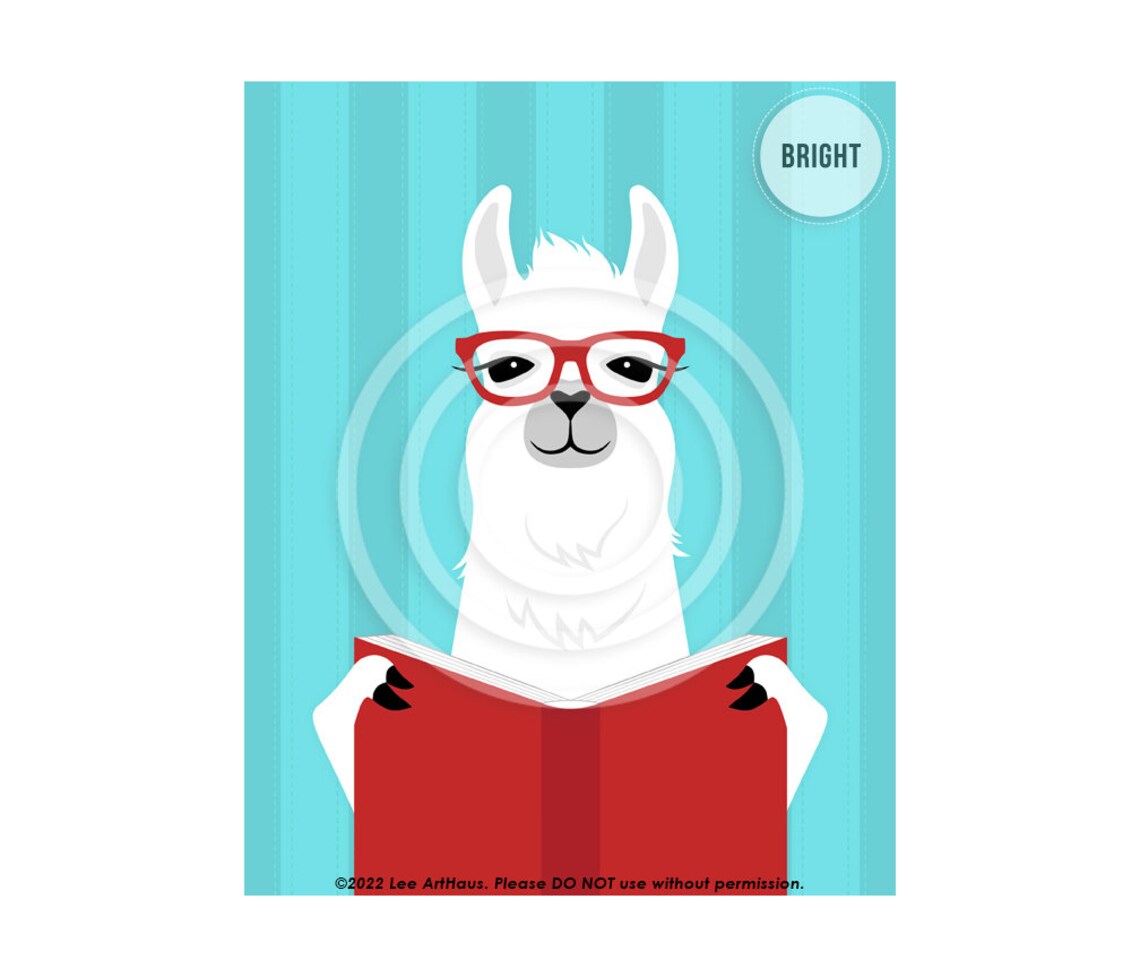 White Llama Red Glasses Reading Red Book Cute Library Decor Wall Poster - Image 4