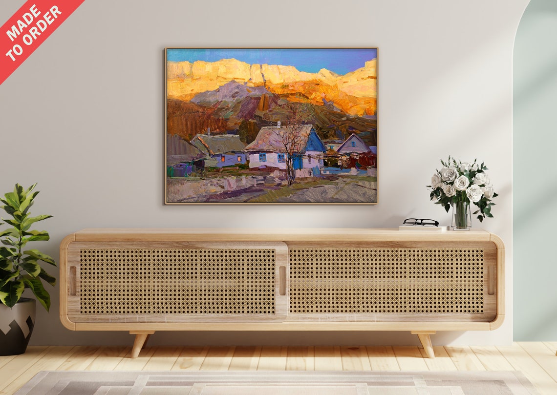 Evening Mountain View Oil Painting On Impressionistic Art Cozy Village Sunset - Image 2