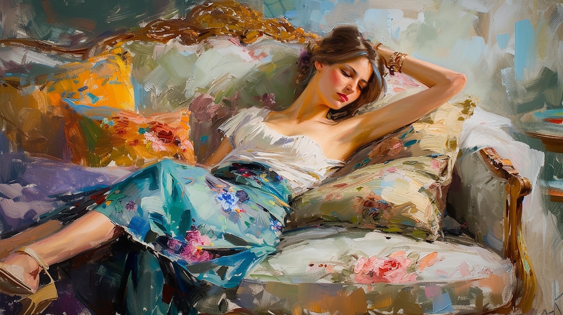 Impressionist Woman Reclining On Vintage Sofa Oil Painting Poster - Image 2