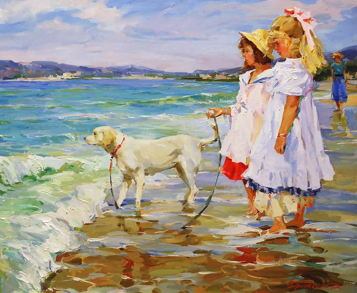 Seashore Painting, Coastal Genre Scene Impressionism