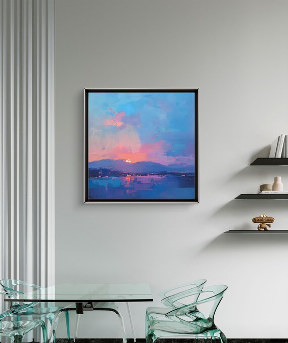 Vivid Twilight Horizon Over Calm Waters Original Modern Impressionist Oil Painting With Sunset Reflections