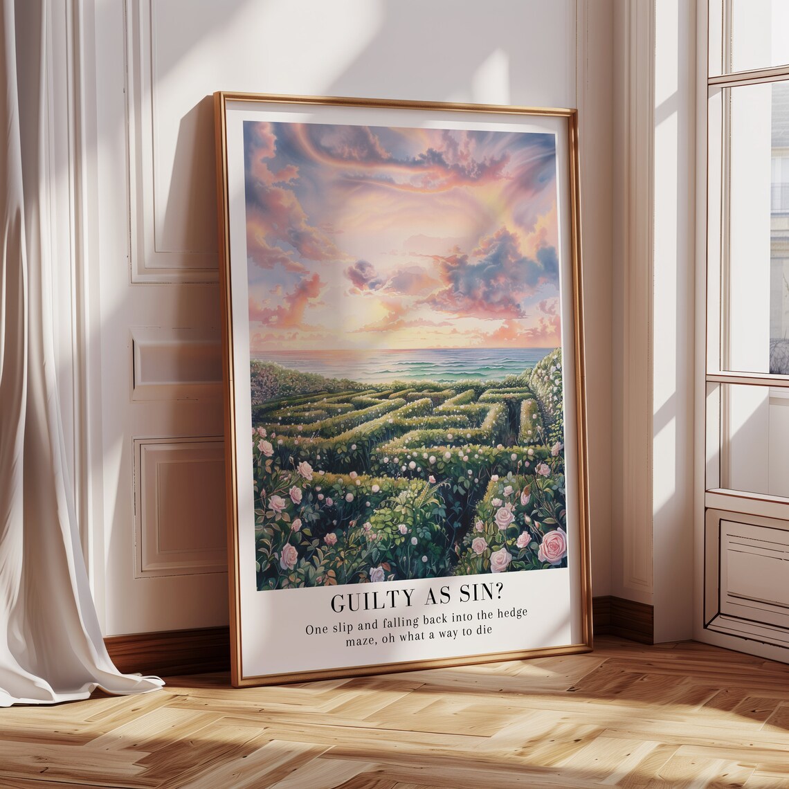 Floral Garden Maze Labyrinth Sunset Ocean Scenic Watercolor Art Poster - Image 2
