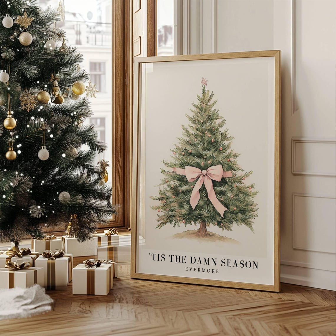 Tis The Damn Season Evermore Album Watercolor Art Print Festive Poster Holiday Decorations Christmas Tree Pink Ribbon Seasonal Art