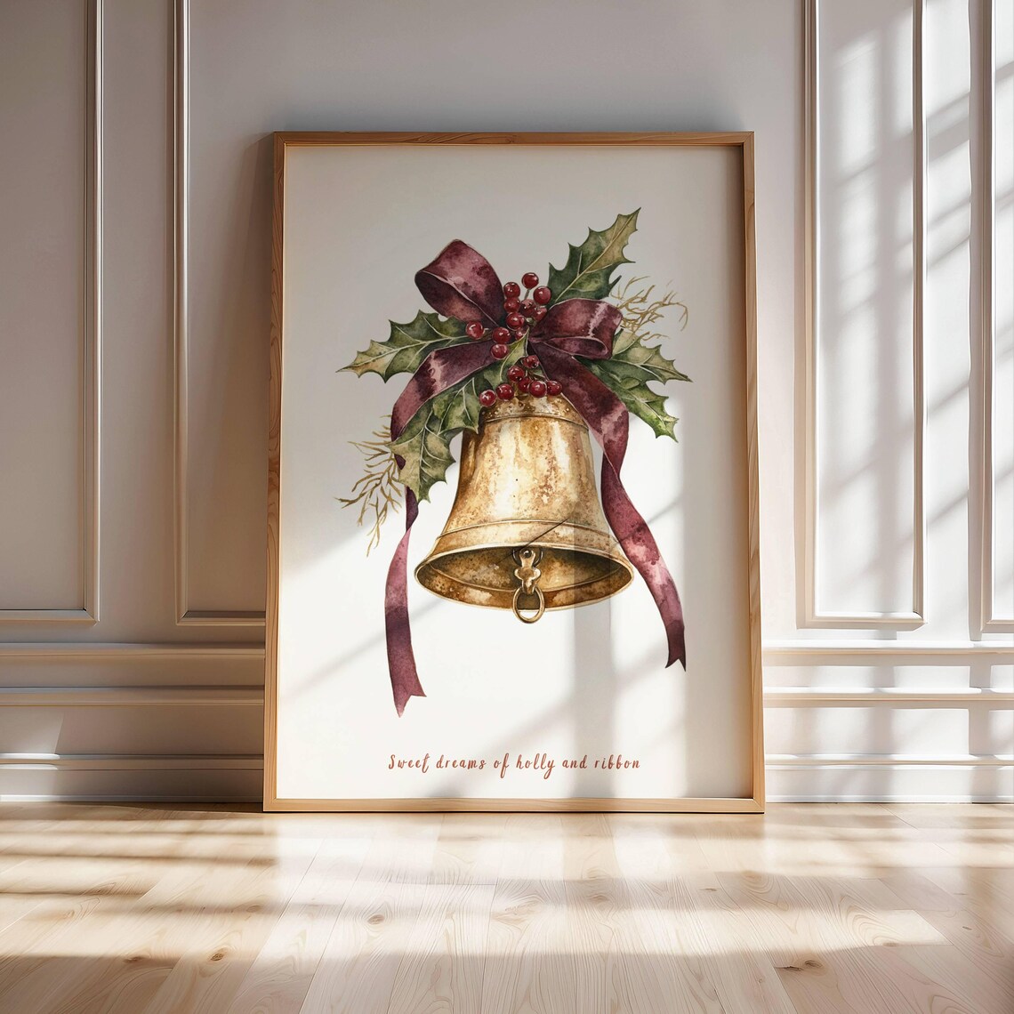 Christmas Golden Bell Holly Berries Ribbon Watercolor Art Poster
