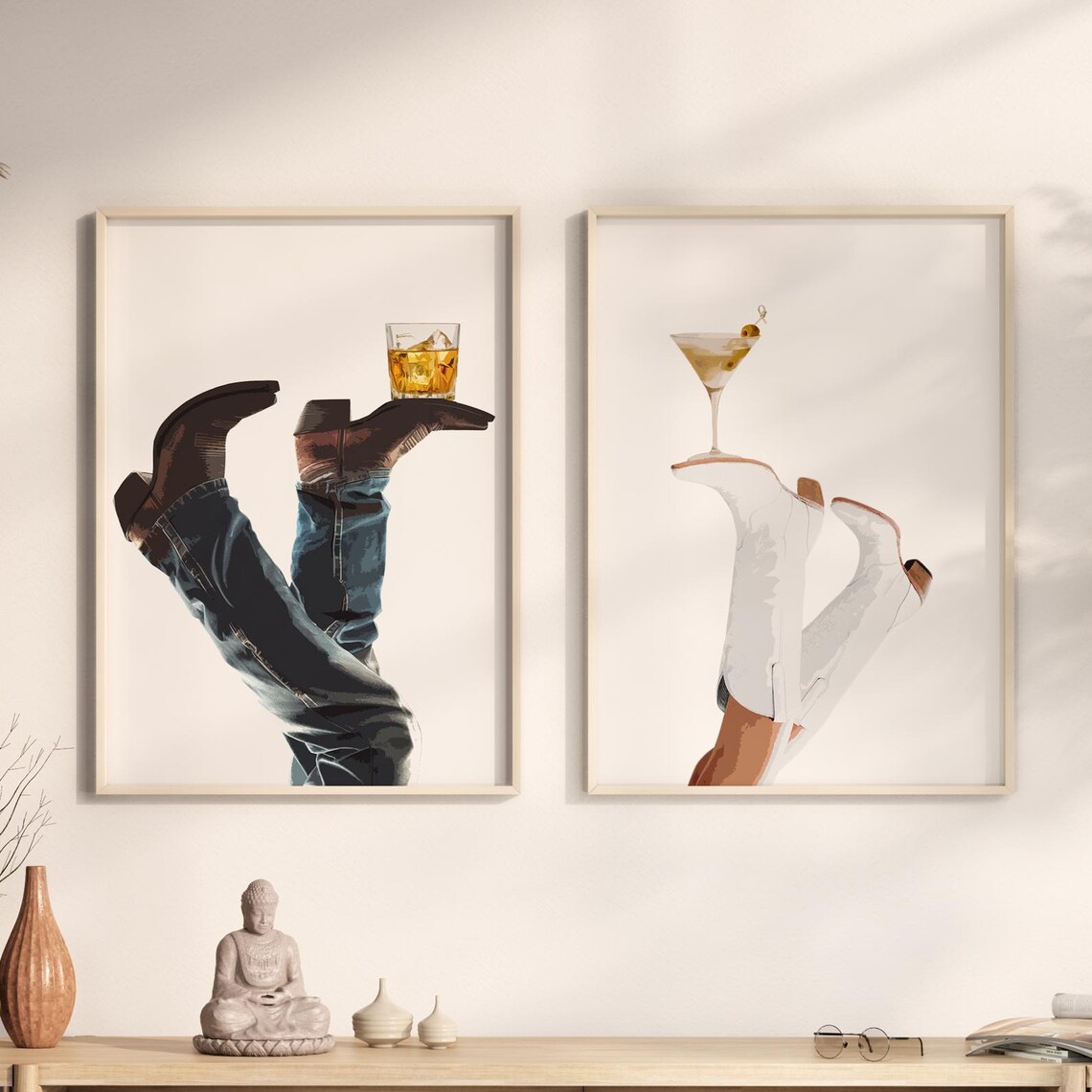 Western Cowgirl Boots Whiskey and Martini Wall Art Set of Two