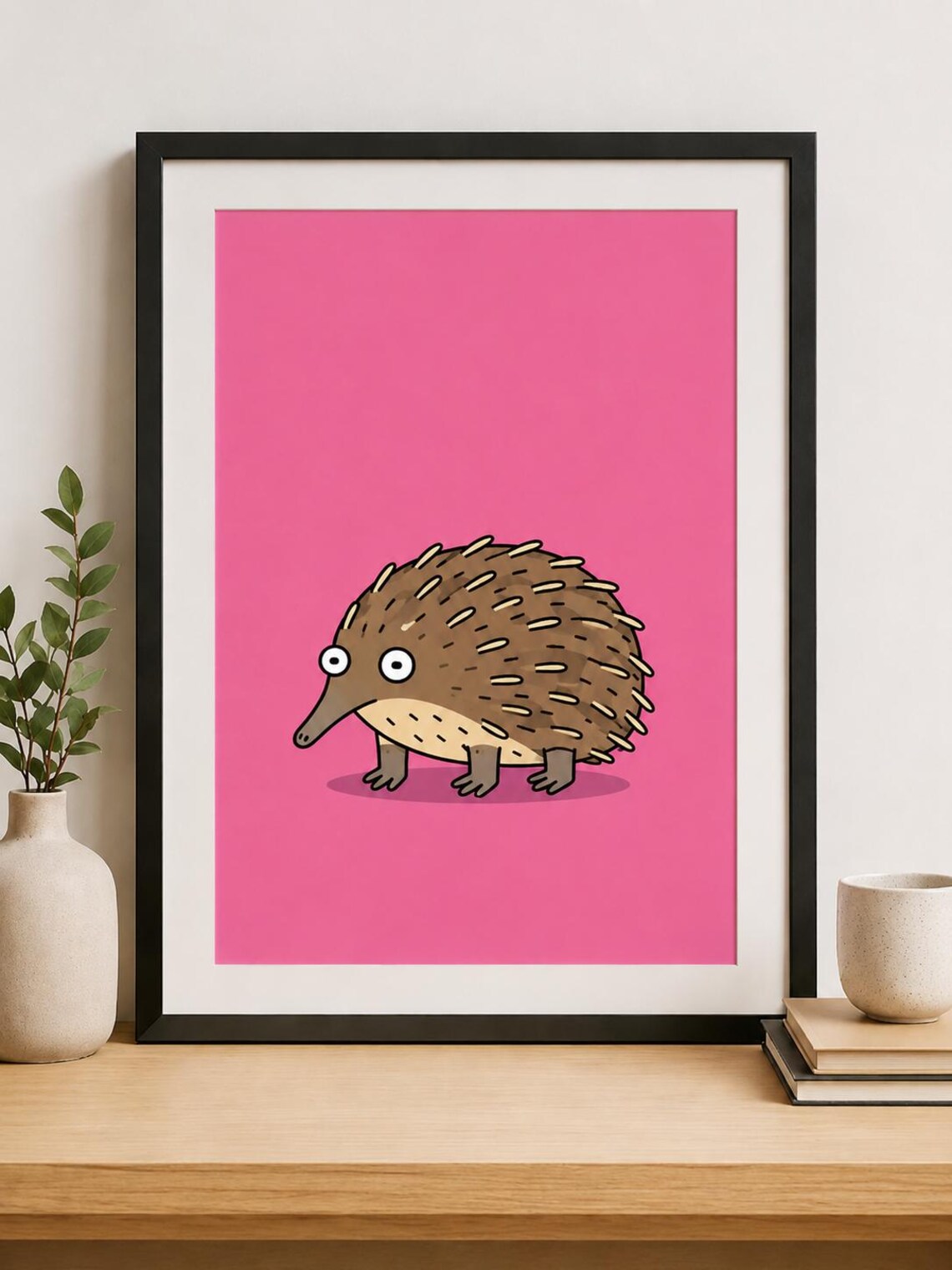 Prickly Echidna Funny Cartoon Spiky Animal Bright Pink Background Poster