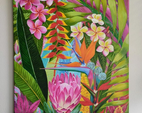 Hawaiian Tropical Flowers Original Oil Art Painting On Hawaii Art Large 24x18 Tropical Plants Leaves Wall Art