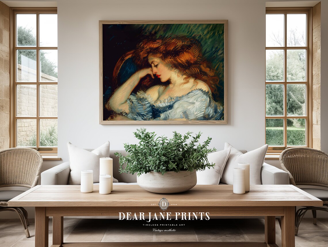 Red Haired Woman in Blue Gown Classic Moody Vintage Oil Portrait Poster - Image 2