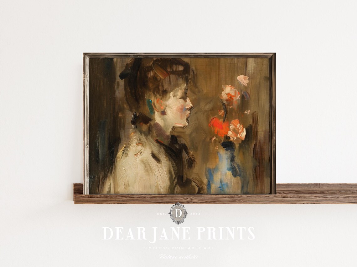 Moody Woman Portrait With Flowers Impressionist Vintage Style Wall Art - Image 2
