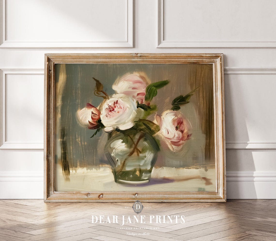 Pale Pink Roses in Glass Vase Muted Impressionist Floral Still Poster - Image 2