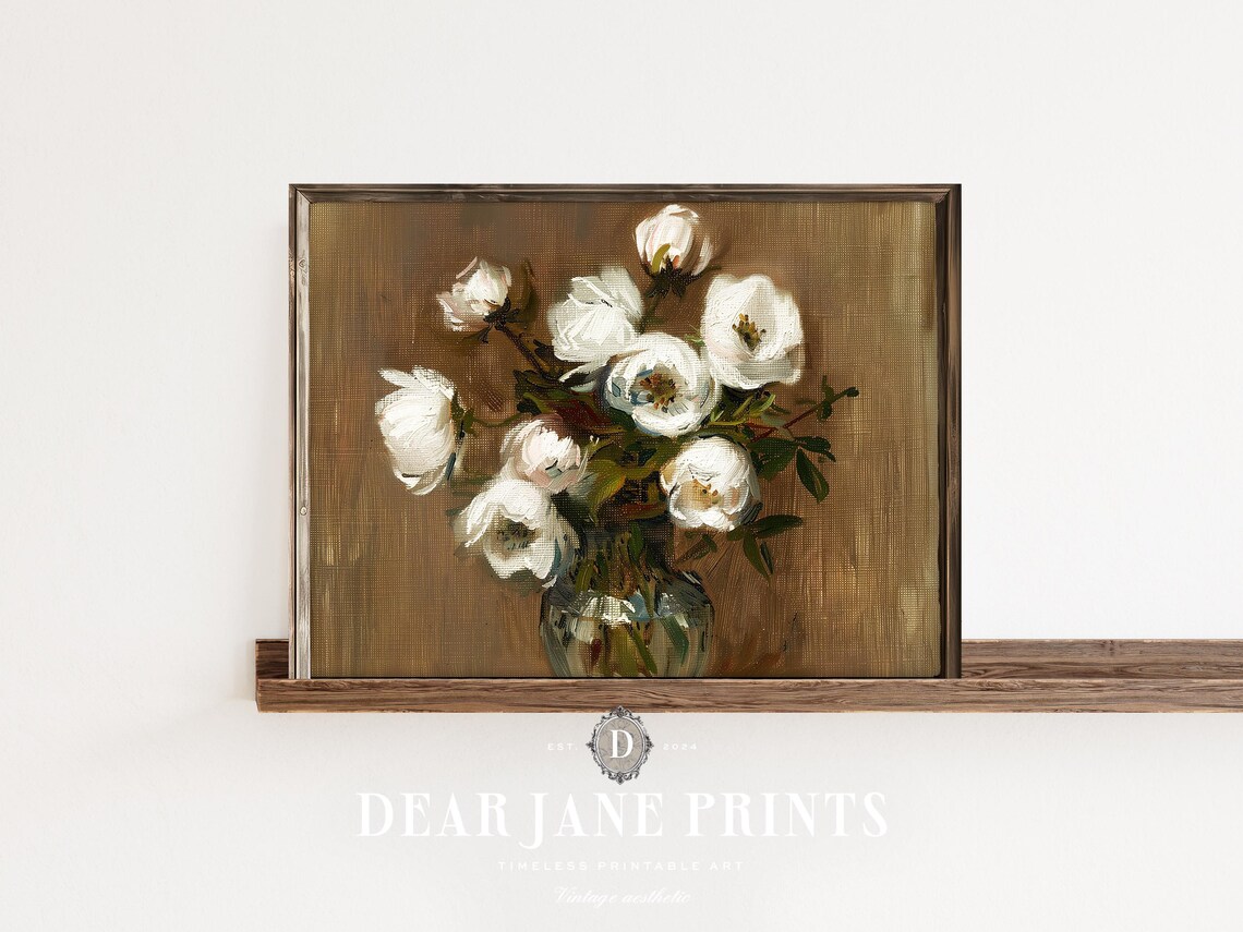 White Peonies in Glass Vase Brown Moody Classic Floral Still Poster