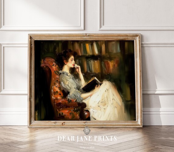 Woman Reading Book in Ornate Chair Vintage Library Impressionist Poster