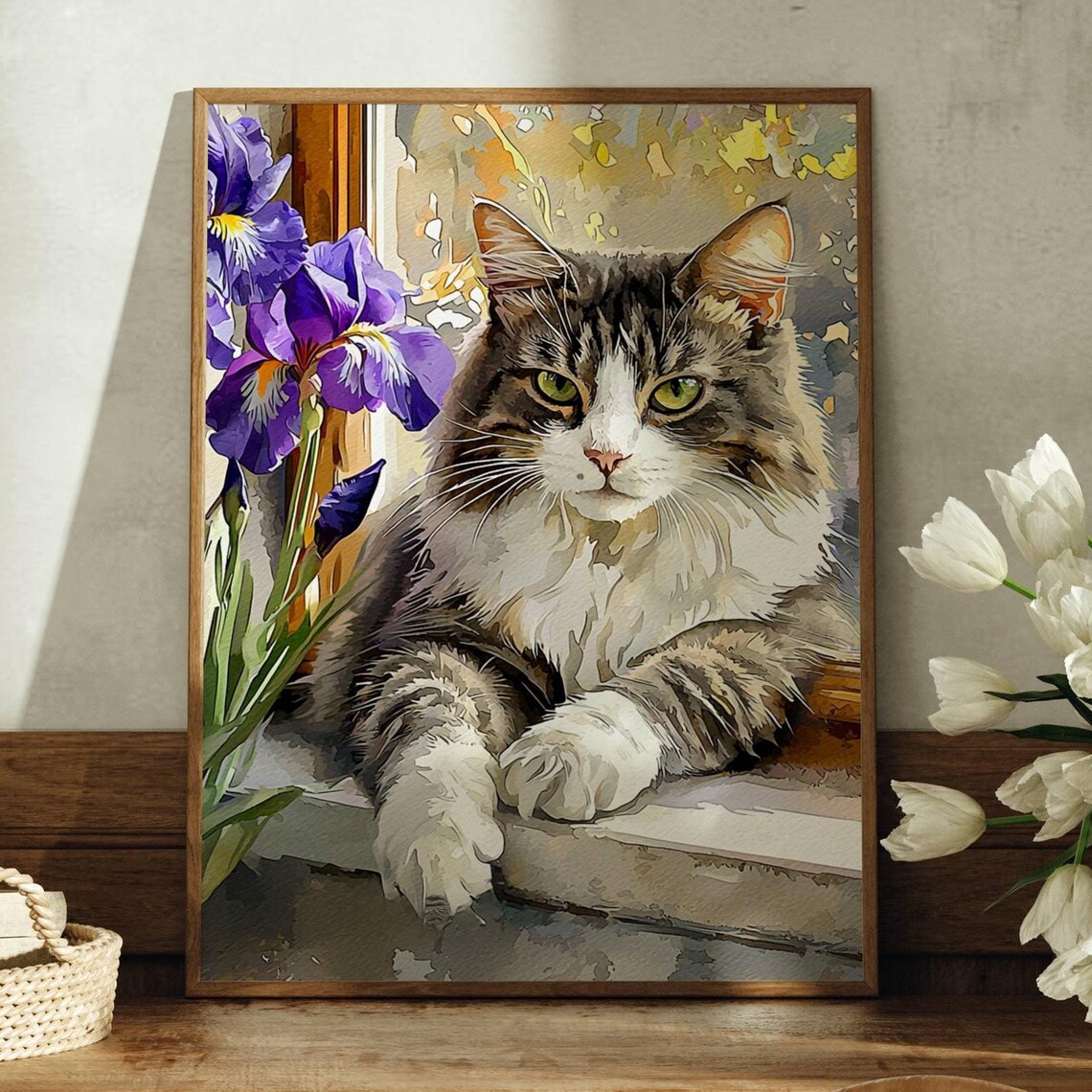 Fluffy Tabby Cat Beside Purple Irises by Window Watercolor Poster