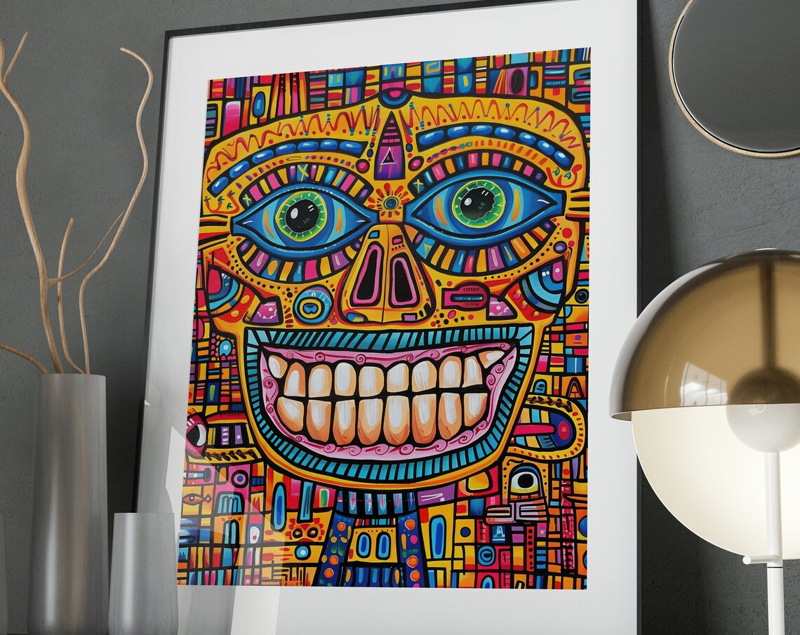 Psychedelic Tribal Shaman Mask Neon Doodle Portrait Wall Art