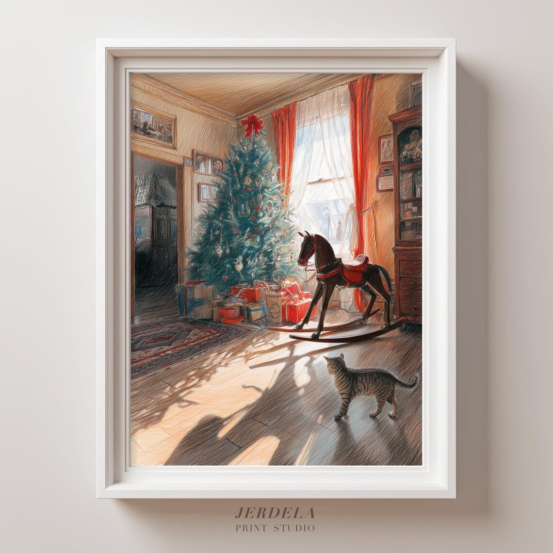 Christmas Morning Rocking Horse Tree Gifts Cat Pencil Art Print