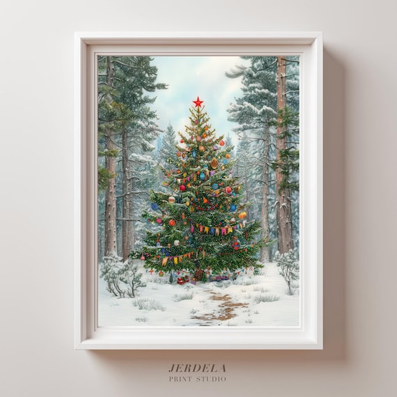 Vintage Christmas Tree in Snowy Forest Holiday Print with Colorful Ornaments