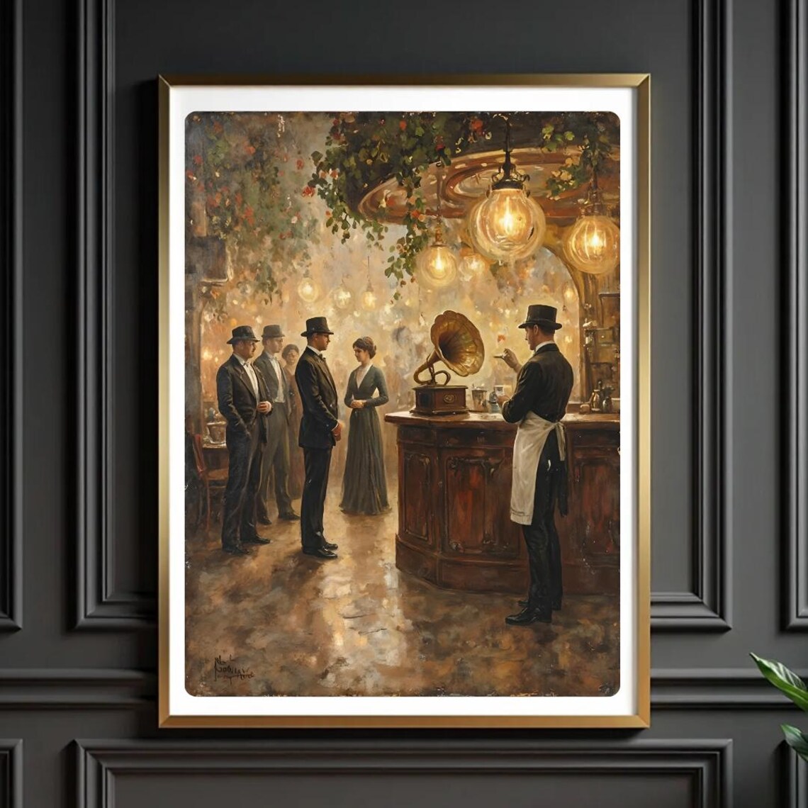 Vintage 1920s European Cafe Bar Gramophone Scene Oil Painting Poster