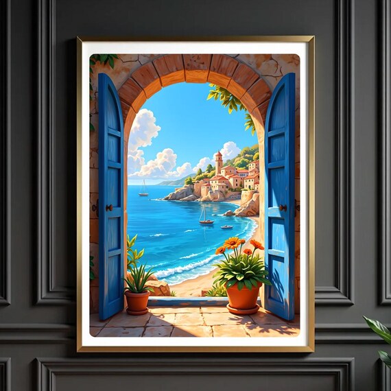 Mediterranean Window View Coastal Village Balcony Sea View Poster