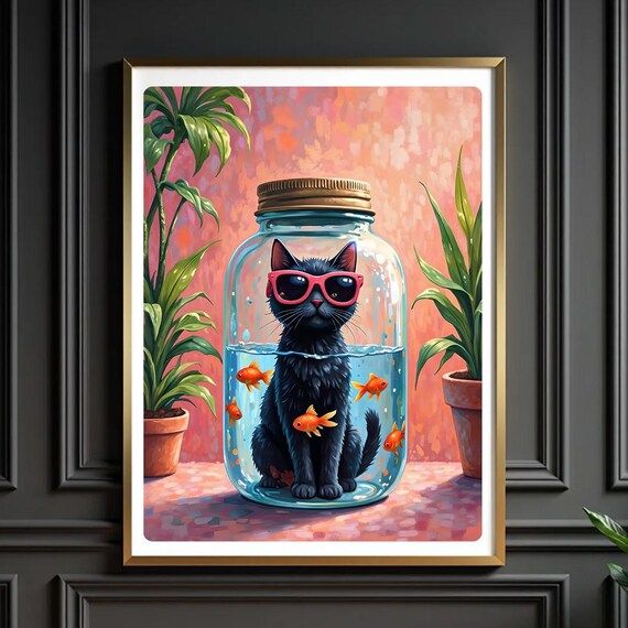 Black Cat in a Jar With Goldfish and Sunglasses Humor Poster