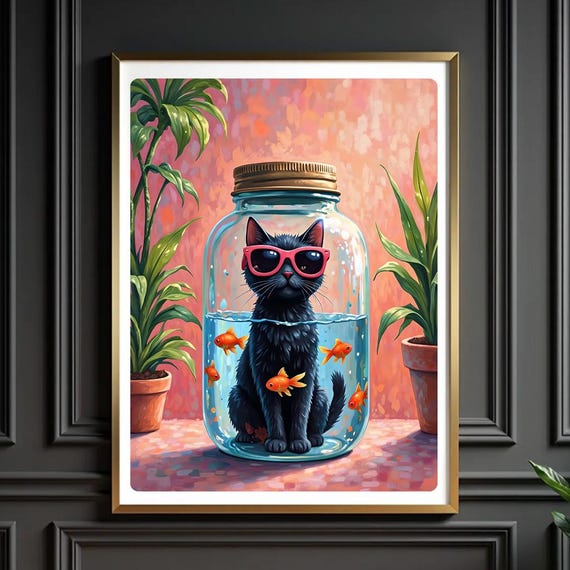 Black Cat In Jar Jungle Print Whimsical Nursery Wall Art