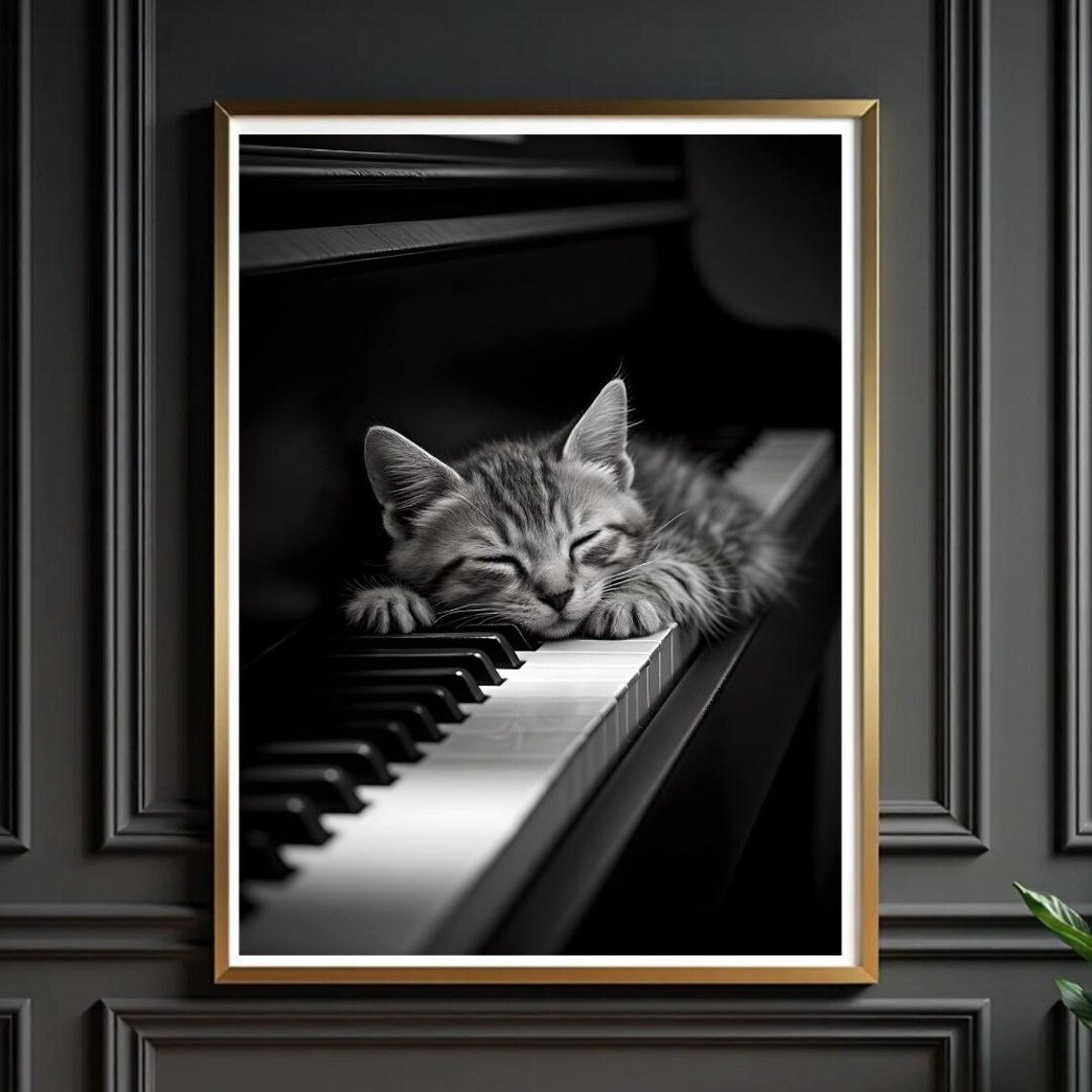 Sleeping Kitten on Piano Keys Black and White Cat Photography Poster